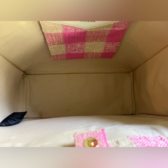 Sandro Paris Large Pink Cream Kasbah Tan Gold Check Gingham Tote Bag EUC $450 - Picture 9 of 11